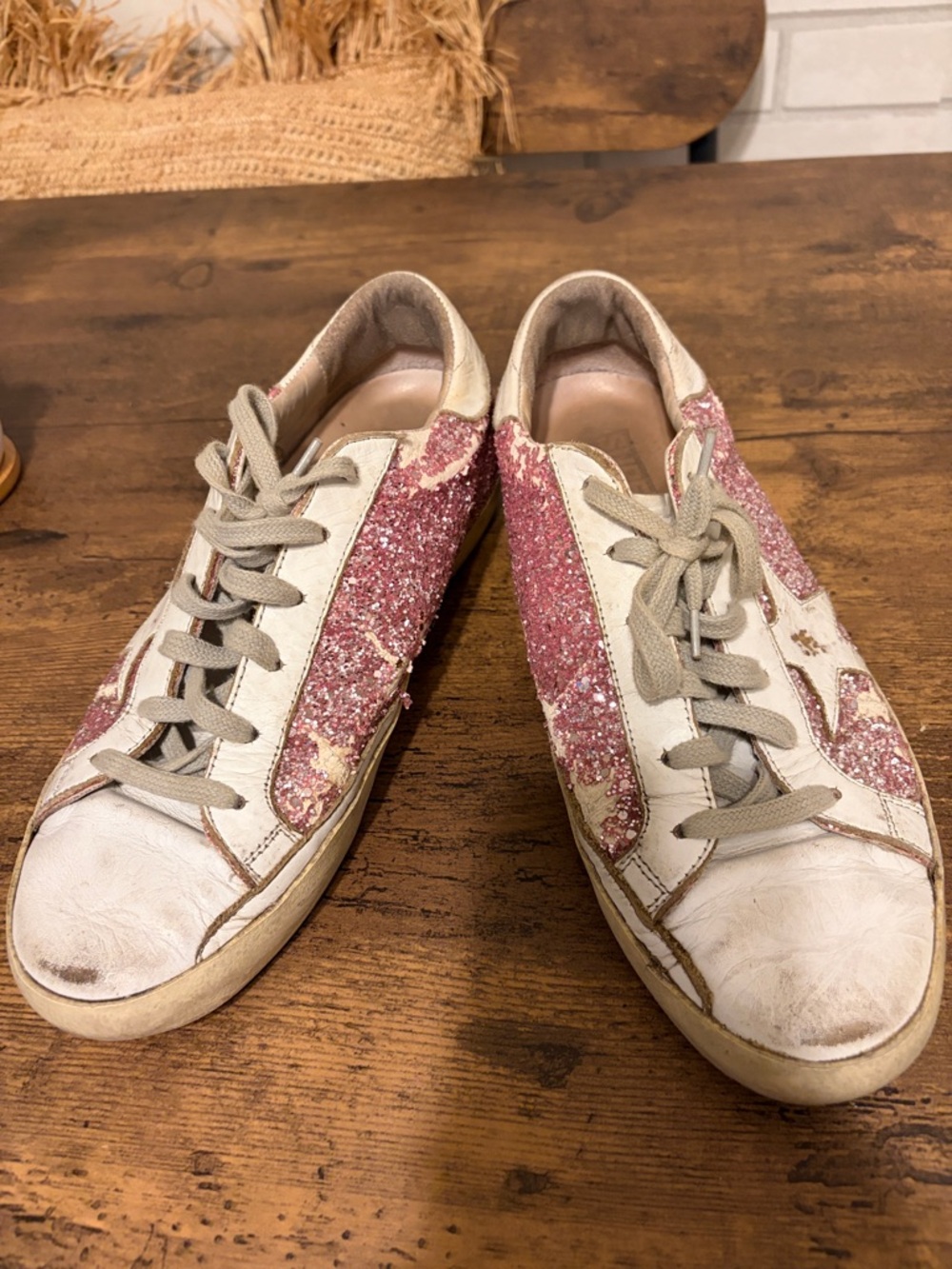 Golden Goose White Leather Sneakers with Pink Glitter Panels